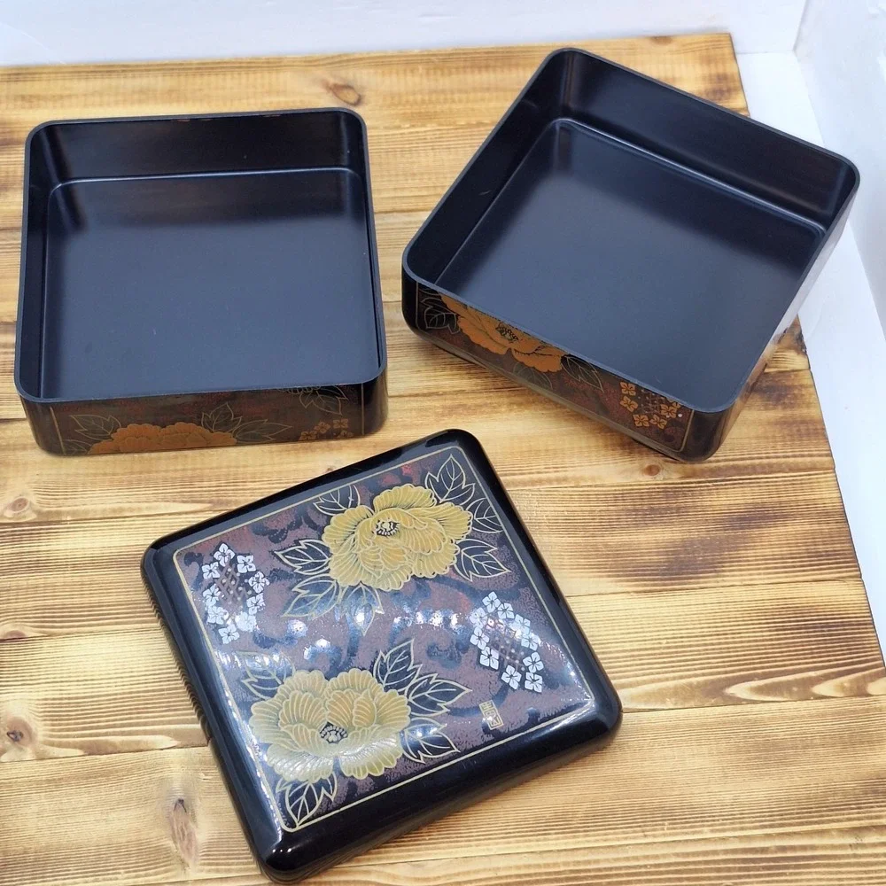 Floral Black Lacquered Jewelry Box 2 Tier With Lid Made in Taiwan VTG‎ Interpur
